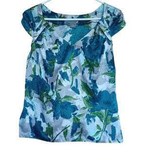 Ann Taylor Petites Floral Top Women's 12P Teal Gray Color Satin Fabric Business
